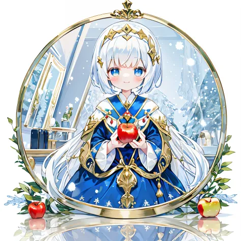 snow white reflected in the mirror、apple、golden mirror、apples around the mirror、white shorthair、blue headband、red ribbons、snow w...