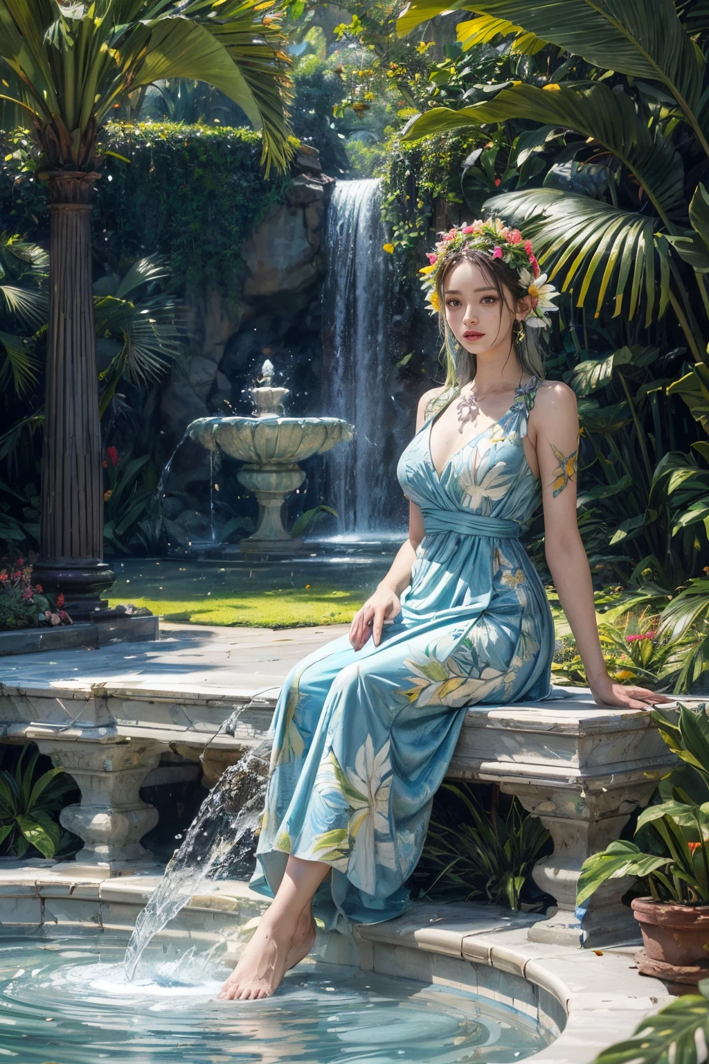 (Best quality,4K,tmasterpiece:1.2),tropical garden，There is a fountain，(Beauty plaster statue fountain，The whole body is made of white plaster)，The statue stands majestically, The expression is serious，Spring water gushes from her feet, Surrounded by vibrant gardens, Featuring exotic flowers and plants such as hibiscus and bromeliads. The garden should have a bold and eye-catching appearance, Have large, colorful leaves. The placement of plants should give people a sense of grandeur, Water features and sculptures add drama.