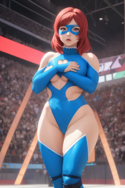 Nishikino maki,bare shoulders, blue leotard, clothing cutout, domino mask, heart cutout, knee pads, leotard, mask, shoulder cutout, thick thighs, thighs, wrestling mask, wrestling outfit, standing,solo, hands on hips