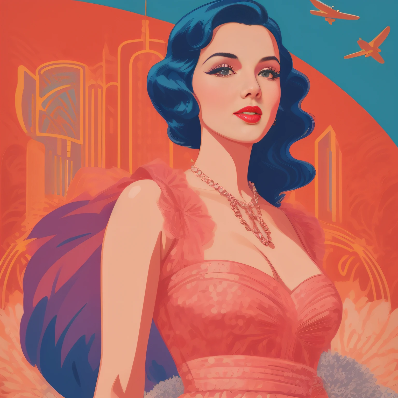 a close up of a person in a dress and a crowd of people, vector art by Lee Loughridge, trending on cg society, pop art, in style of digital illustration, art deco illustration, art deco portrait, digital art of an elegant, retro illustration, movie illustration, digital illustration -, vector art style, 1950s illustration style