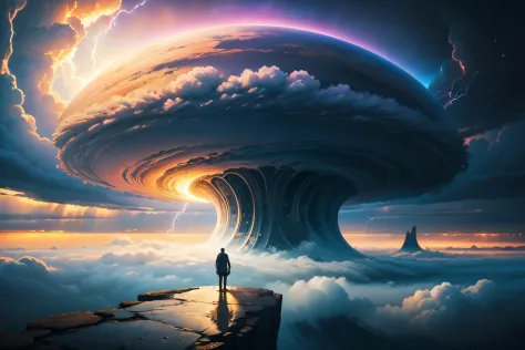 a man standing on a hill looking at a distant landscape, digital art inspired by cyril rolando, trending on artstation, space ar...