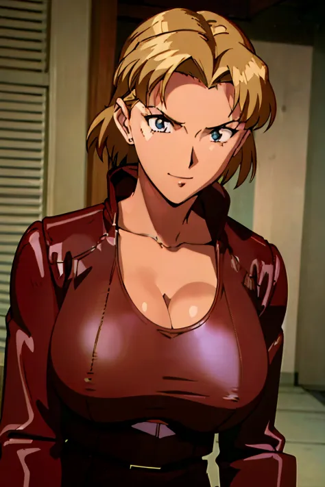 KristannaTX,1woman,(huge_breasts:1.3) extremely detailed eyes and face, beautiful detailed eyes, (upperbody:1.2),(blond_short_hair:1.1)(wearing red leather_jacket leather_longpants ),(best quality), (masterpiece), detailed,evangelion anime style, anime scr...