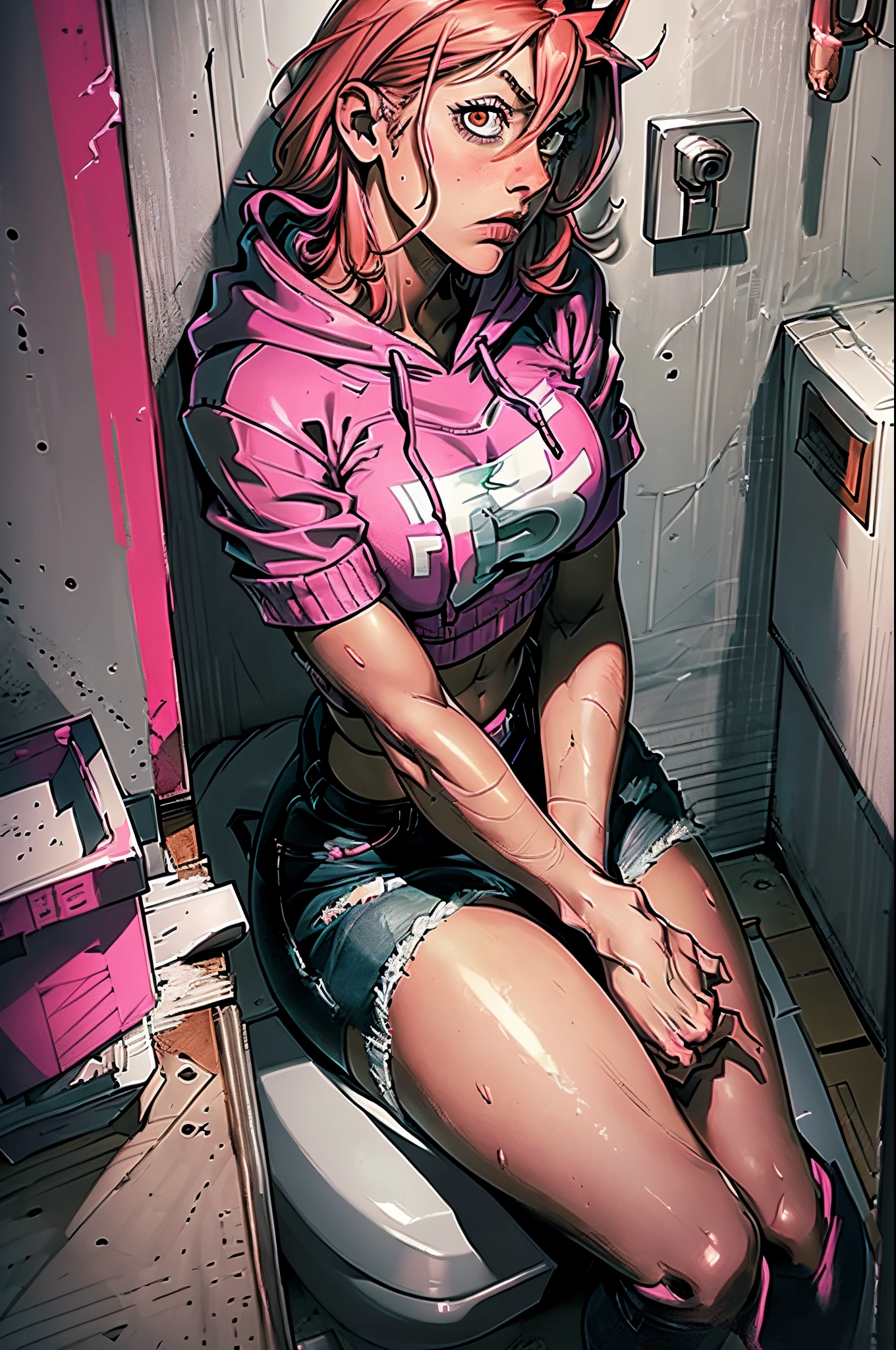 high res, detailed, power from chainsawman, person sitting in a toilet cubicle, gripping their own breast, holding a magazine in the other hand, wearing a pink low-cut hoodie and black jeans, looking up at the viewer, dramatic lighting, intense and vibrant colors