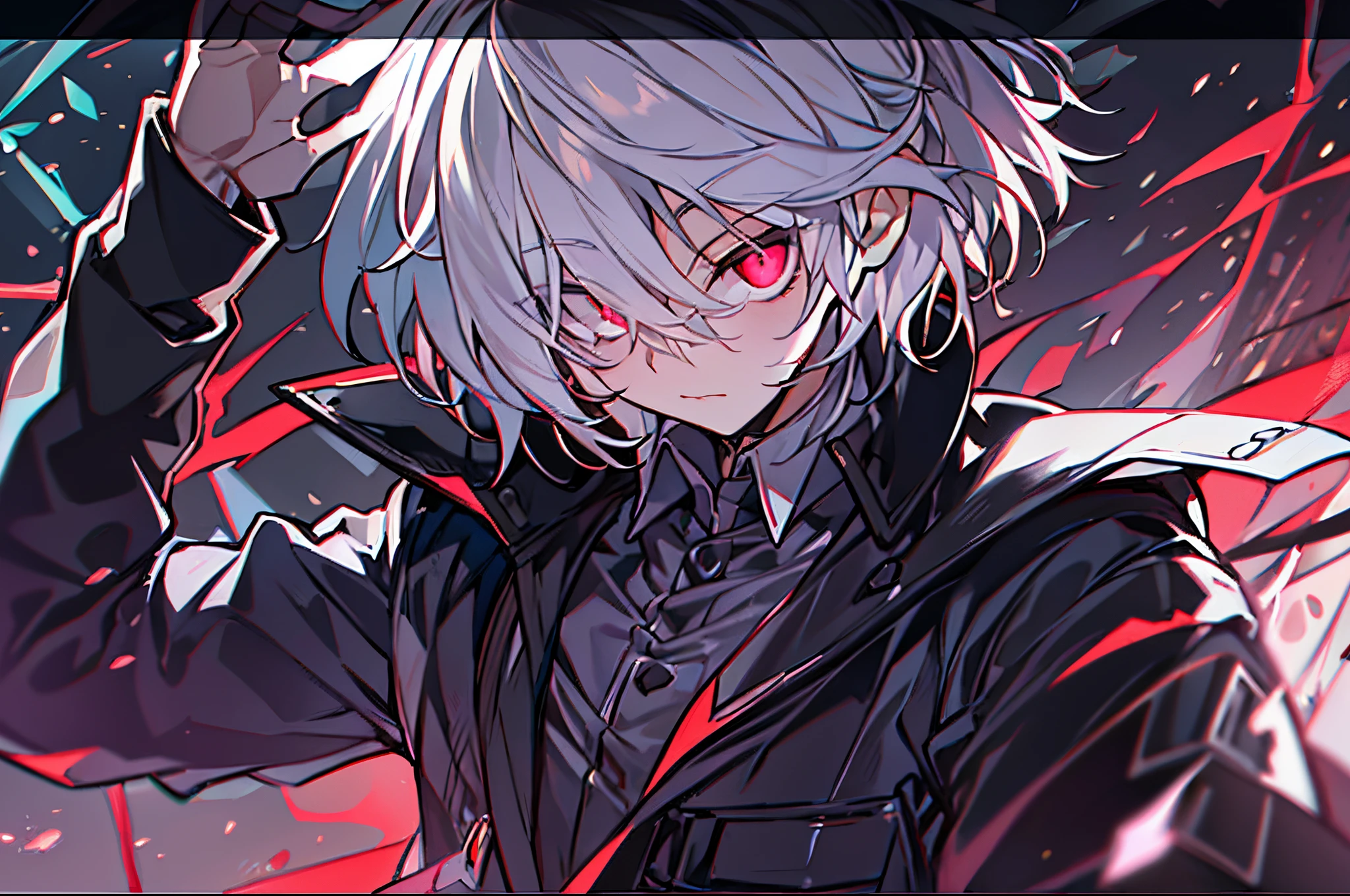 hight resolution,close range、Anime boy with white hair and red eyes staring at camera, Glowing red eyes,slim, dressed in a black outfit,Shadow Body,colorful backdrop,hair messy,yameroyandere, Diagonal angle