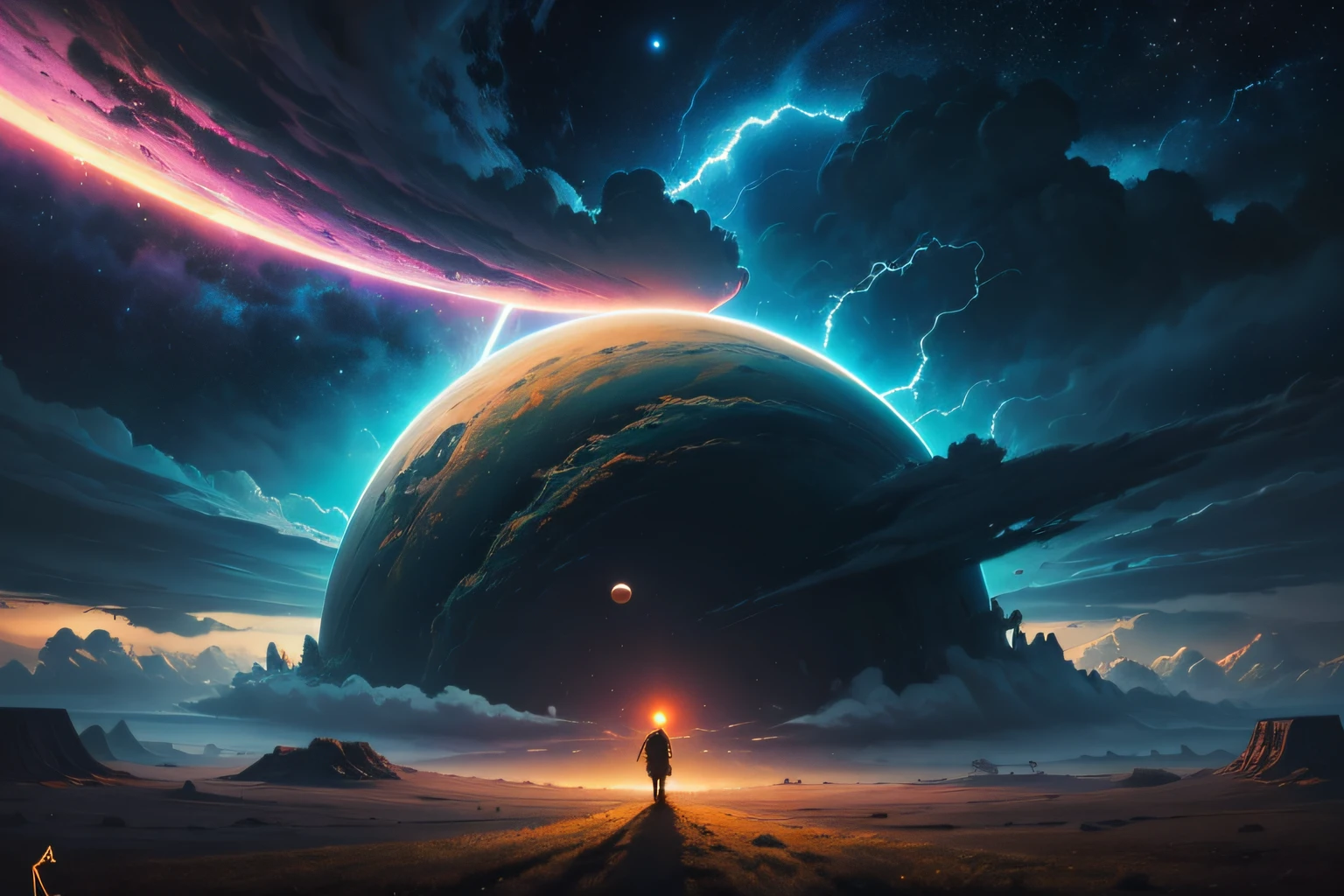 a man standing on a hill looking at a distant landscape, digital art inspired by Cyril Rolando, trending on Artstation, space art, beeple and tim hildebrandt, artgem and beeple masterpiece, beeple and jeremiah ketner, realism | beeple, beeple and jean giraud, beeple and greg rutkowski painting of a large cloud with a a gaping black hole to space, a surrealist painting by Michael Sutfin, shutterstock contest winner, surrealism, android jones and rhads, cloud vortex, thick swirling lightning ring, surrealistic painting, surrealist landscape painting, thunder clouds modernism, surreal scene, surreal clouds, jacek yerka and vladimir kush, surreal painting, lightning , star fields