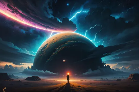 a man standing on a hill looking at a distant landscape, digital art inspired by cyril rolando, trending on artstation, space ar...