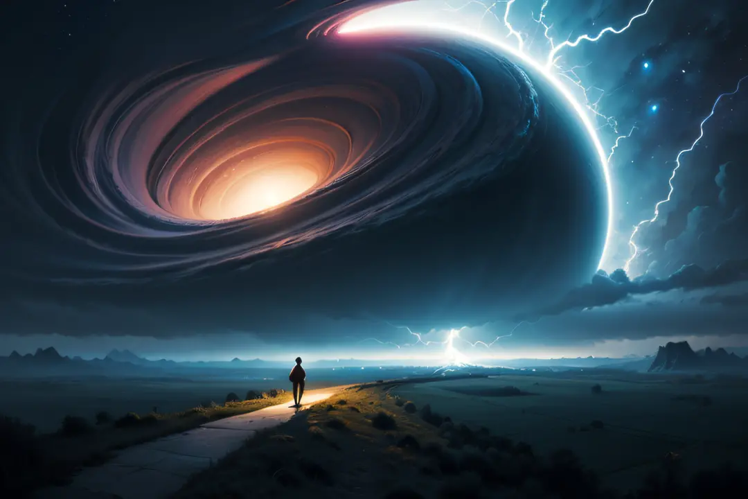 a man standing on a hill looking at a distant landscape, digital art inspired by cyril rolando, trending on artstation, space ar...