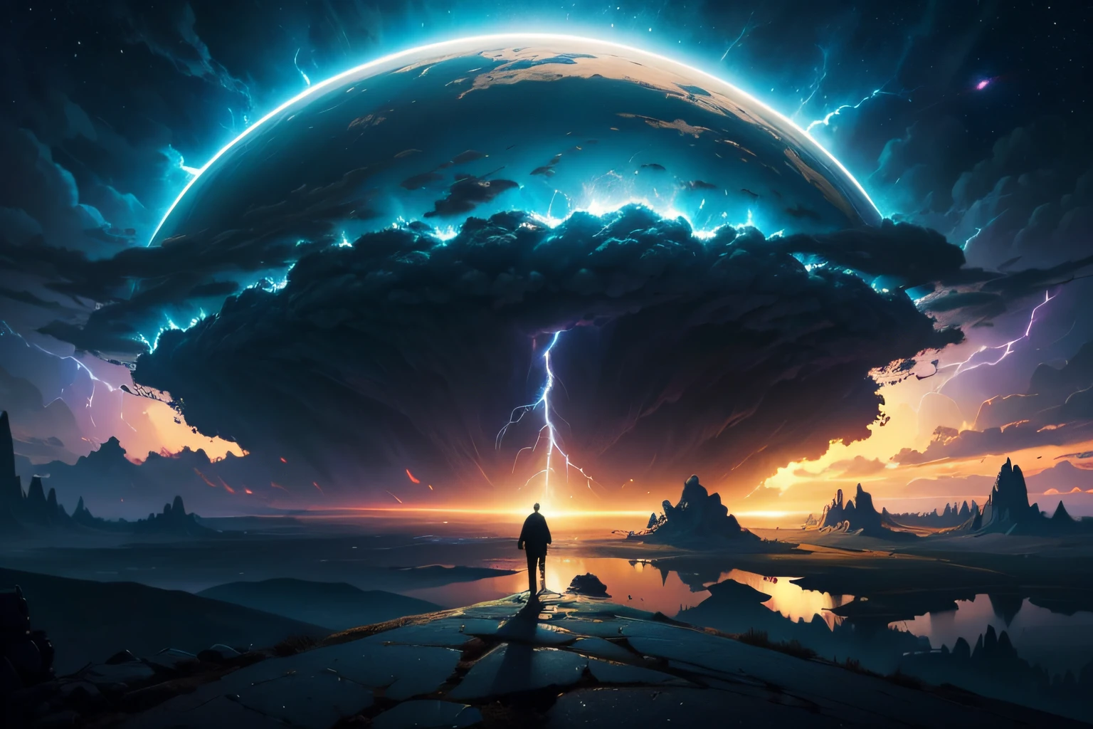 a man standing on a hill looking at a distant landscape, digital art inspired by Cyril Rolando, trending on Artstation, space art, tim hildebrandt, artgem and John Berkey masterpiece, and jeremiah ketner, realism | John Berkey, beeple and jean giraud, beeple and greg rutkowski painting of a large cloud with a a gaping black hole to space, a surrealist painting by Michael Sutfin, shutterstock contest winner, surrealism, android jones and rhads, cloud vortex, thick swirling lightning ring, surrealistic painting, surrealist landscape painting, thunder clouds modernism, surreal scene, surreal clouds, jacek yerka and vladimir kush, surreal painting, lightning , star fields, the entire ground is made of reflective obsidian