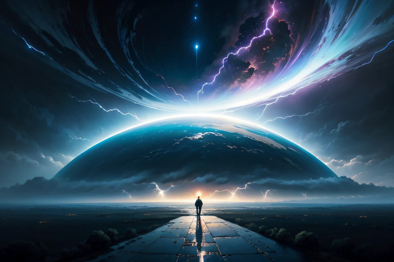 a man standing on a hill looking at a distant landscape, digital art inspired by Cyril Rolando, trending on Artstation, space art, tim hildebrandt, artgem and John Berkey masterpiece, and jeremiah ketner, realism | John Berkey, beeple and jean giraud, beeple and greg rutkowski painting of a large cloud with a a gaping black hole to space, a surrealist painting by Michael Sutfin, shutterstock contest winner, surrealism, android jones and rhads, cloud vortex, thick swirling lightning ring, surrealistic painting, surrealist landscape painting, thunder clouds modernism, surreal scene, surreal clouds, jacek yerka and vladimir kush, surreal painting, lightning , star fields, the entire ground is made of reflective obsidian