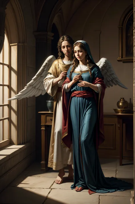 Annunciation of Angel Gabriel to Mary  realistic  painting, biblical, master piece, 8k , high-resolution, beautiful ambiance lig...