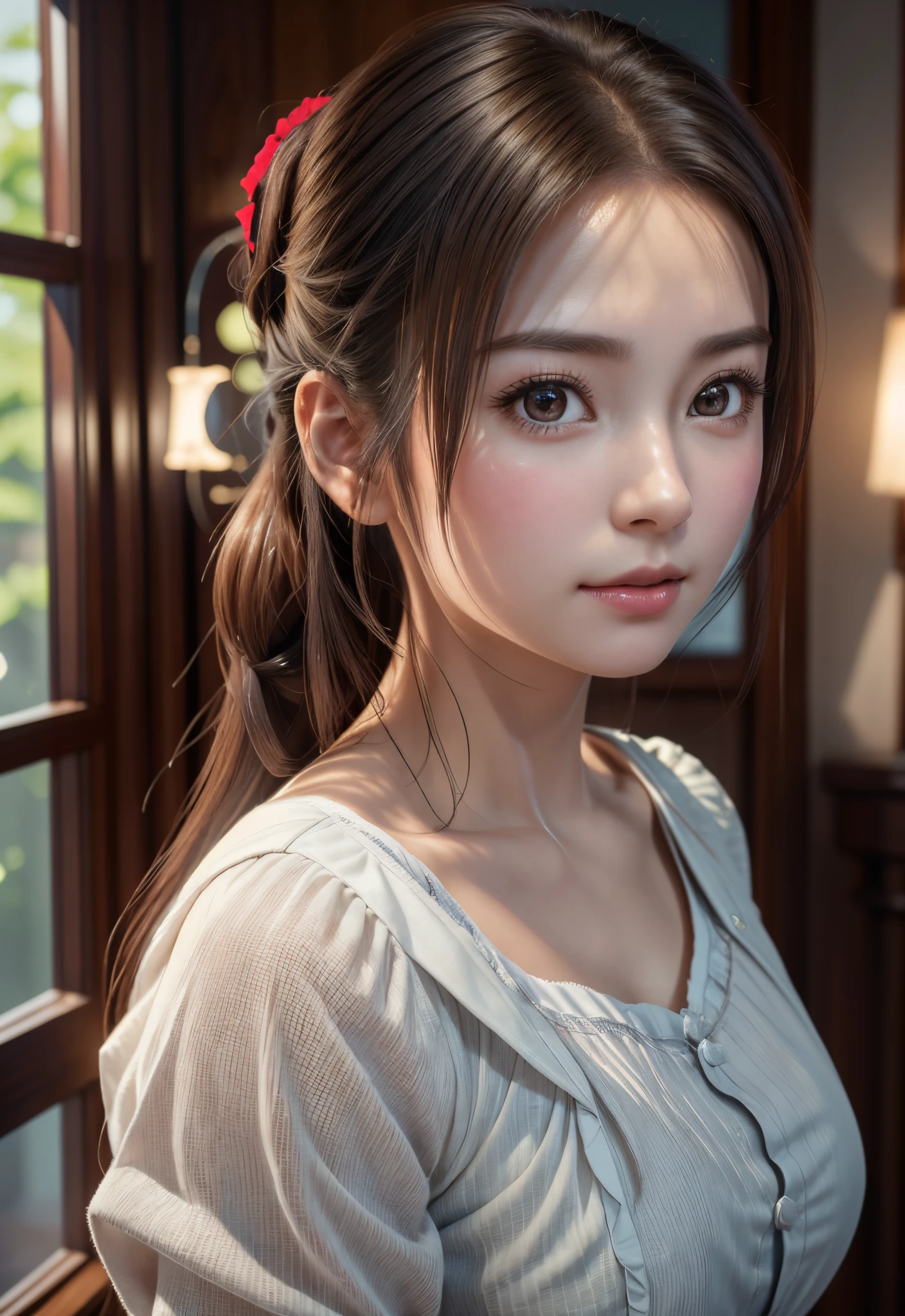 8K, of the highest quality, masutepiece:1.2), (Realistic, Photorealsitic:1.37), of the highest quality, masutepiece, Beautiful young woman, Pensive expression,、A charming、and an inviting look, Cute Maid Clothes, Hair tied back, Cinematic background, Light skin tone