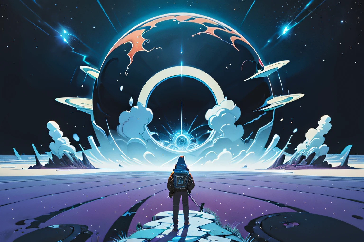 a man standing on a hill looking at a distant landscape, digital art inspired by Cyril Rolando, trending on Artstation, space art, tim hildebrandt, artgem and John Berkey masterpiece, and jeremiah ketner, realism | John Berkey, beeple and jean giraud, beeple and greg rutkowski painting of a large cloud with a a gaping black hole to space, a surrealist painting by Michael Sutfin, shutterstock contest winner, surrealism, android jones and rhads, cloud vortex, thick swirling lightning ring, surrealistic painting, surrealist landscape painting, thunder clouds modernism, surreal scene, surreal clouds, jacek yerka and vladimir kush, surreal painting, lightning , star fields, the entire ground is made of reflective obsidian