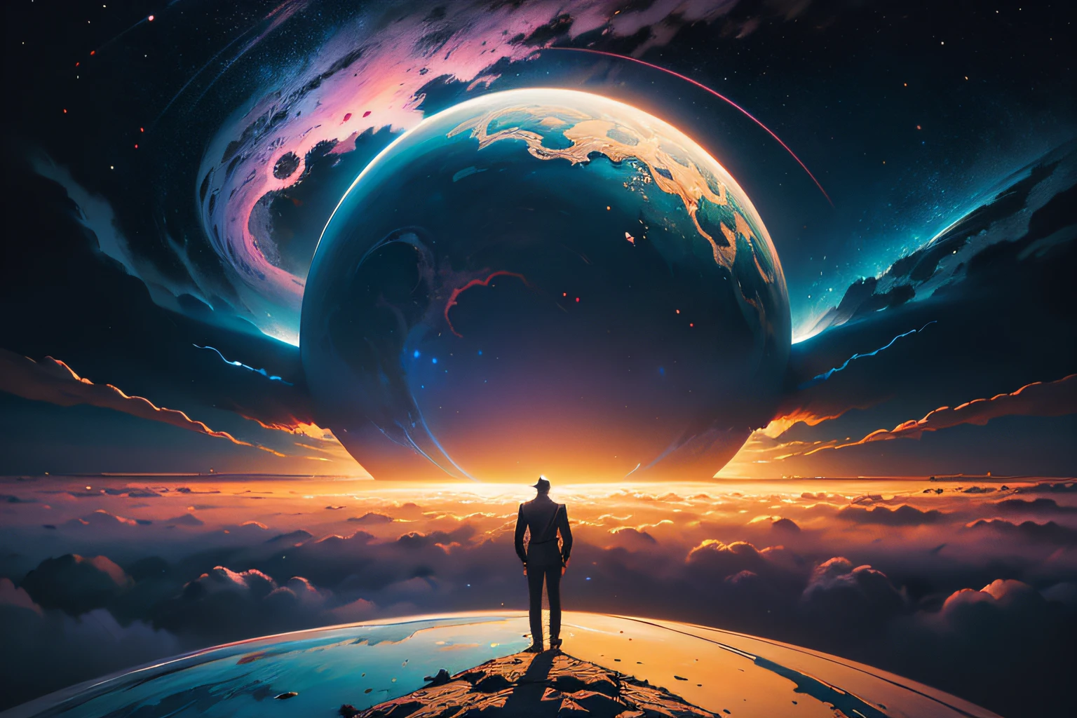 a man in a formal suit standing on a hill looking at a distant landscape, digital art inspired by Cyril Rolando, trending on Artstation, space art, tim hildebrandt, artgem and John Berkey masterpiece, and jeremiah ketner, realism | John Berkey, beeple and jean giraud, beeple and greg rutkowski painting of a large cloud with a a gaping black hole to space, a surrealist painting by Michael Sutfin, shutterstock contest winner, surrealism, android jones and rhads, cloud vortex, thick swirling lightning ring, surrealistic painting, surrealist landscape painting, thunder clouds modernism, surreal scene, surreal clouds, jacek yerka and vladimir kush, surreal painting, lightning , star fields, the entire ground is made of reflective obsidian , a world at the end of time