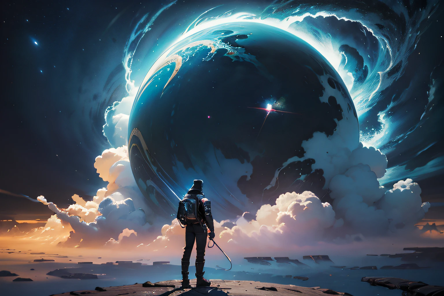 a man in a formal suit standing on a hill looking at a distant landscape, digital art inspired by Cyril Rolando, trending on Artstation, space art, tim hildebrandt, artgem and John Berkey masterpiece, and jeremiah ketner, realism | John Berkey, beeple and jean giraud, beeple and greg rutkowski painting of a large cloud with a a gaping black hole to space, a surrealist painting by Michael Sutfin, shutterstock contest winner, surrealism, android jones and rhads, cloud vortex, thick swirling lightning ring, surrealistic painting, surrealist landscape painting, thunder clouds modernism, surreal scene, surreal clouds, jacek yerka and vladimir kush, surreal painting, lightning , star fields, the entire ground is made of reflective obsidian , a world at the end of time / dune