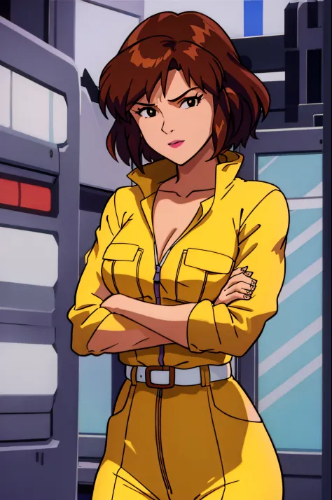 straight-on, upper body, solo, BREAK 
CARTOON_April_ONeil_TMNT_ownwaifu, www.ownwaifu.com,
brown hair, short hair, breasts, brown eyes, large breasts, lips, makeup, collarbone, lipstick, 
cleavage, sleeves rolled up, yellow jumpsuit, watch, unzipped, zippe...
