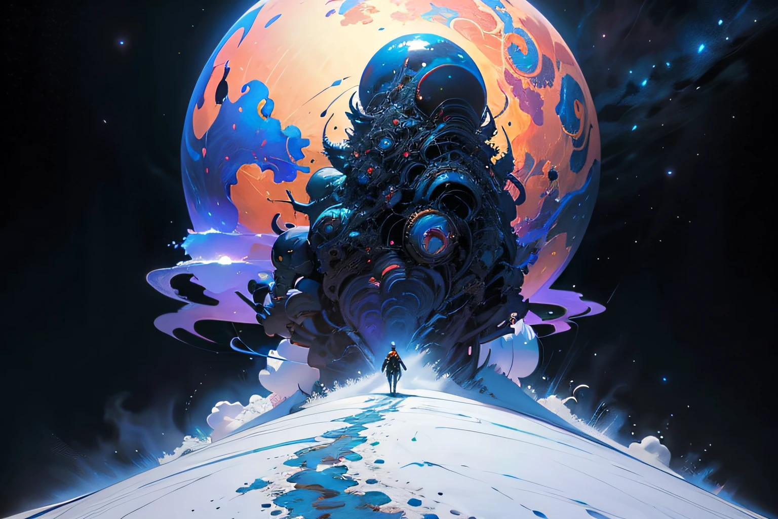 a man in a formal suit standing on a hill looking at a distant landscape, digital art inspired by Cyril Rolando, trending on Artstation, space art, tim hildebrandt, artgem and John Berkey masterpiece, and jeremiah ketner, realism | John Berkey, beeple and jean giraud, beeple and greg rutkowski painting of a large cloud with a a gaping black hole to space, a surrealist painting by Michael Sutfin, shutterstock contest winner, surrealism, android jones and rhads, cloud vortex, thick swirling lightning ring, surrealistic painting, surrealist landscape painting, thunder clouds modernism, surreal scene, surreal clouds, jacek yerka and vladimir kush, surreal painting, lightning , star fields, the entire ground is made of reflective obsidian , a world at the end of time / dune