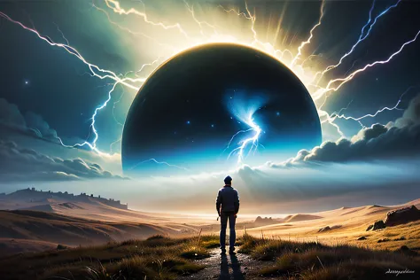 a man standing on a hill looking at a distant landscape, digital art inspired by cyril rolando, trending on artstation, space ar...