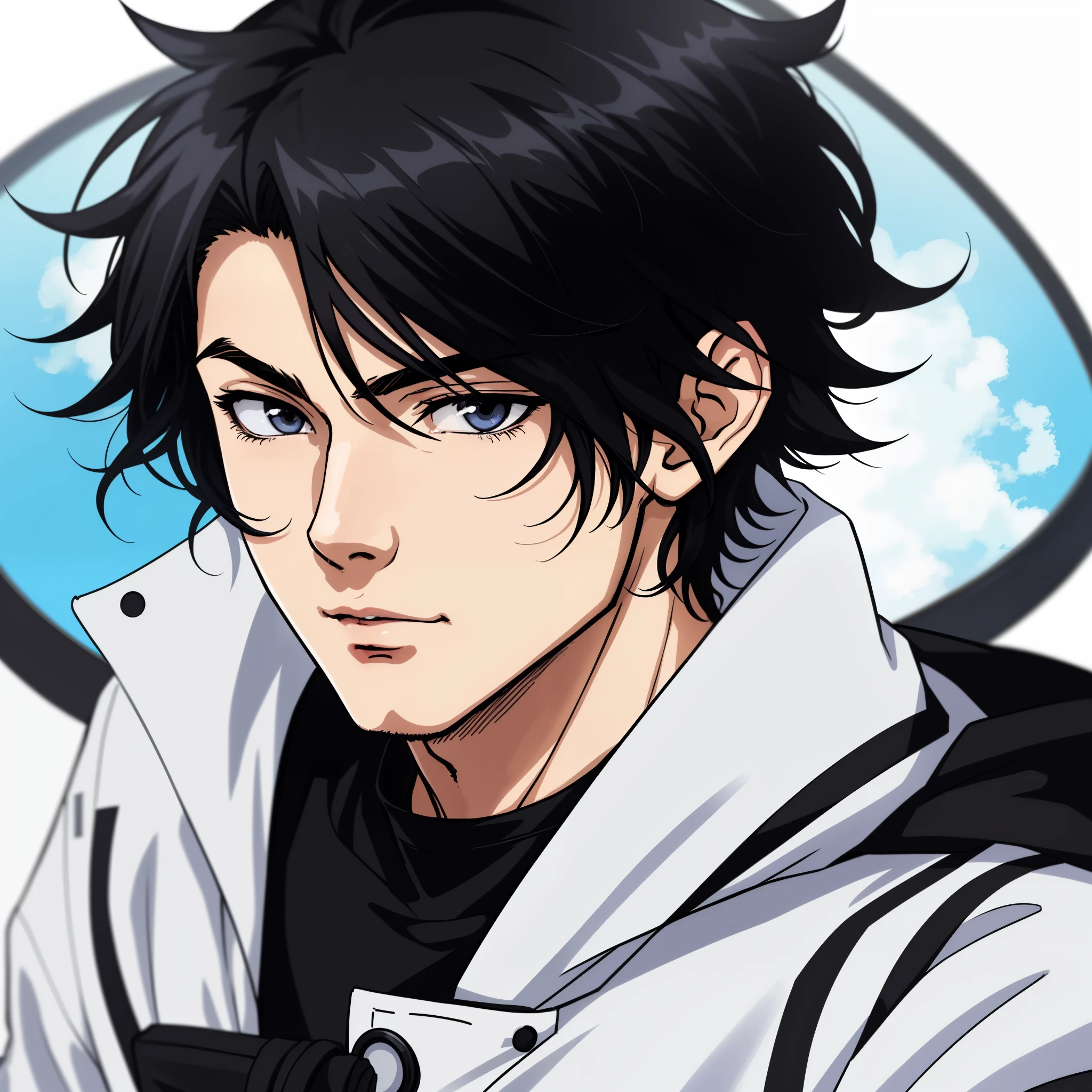 Anime guy with black hair and blue eyes looking at the camera - SeaArt AI