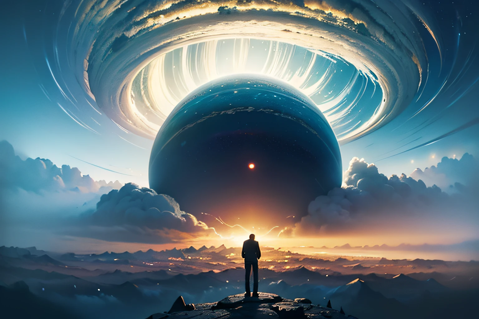 a man standing on a hill looking at a distant landscape, digital art inspired by Cyril Rolando, trending on Artstation, space art, tim hildebrandt, artgem and John Berkey masterpiece, and jeremiah ketner, realism | John Berkey, beeple and jean giraud, beeple and greg rutkowski painting of a large cloud with a a gaping black hole to space, a surrealist painting by Michael Sutfin, shutterstock contest winner, surrealism, android jones and rhads, cloud vortex, thick swirling lightning ring, surrealistic painting, surrealist landscape painting, thunder clouds modernism, surreal scene, surreal clouds, jacek yerka and vladimir kush, surreal painting, lightning , star fields, a scene from Inception. Studio Ghibli