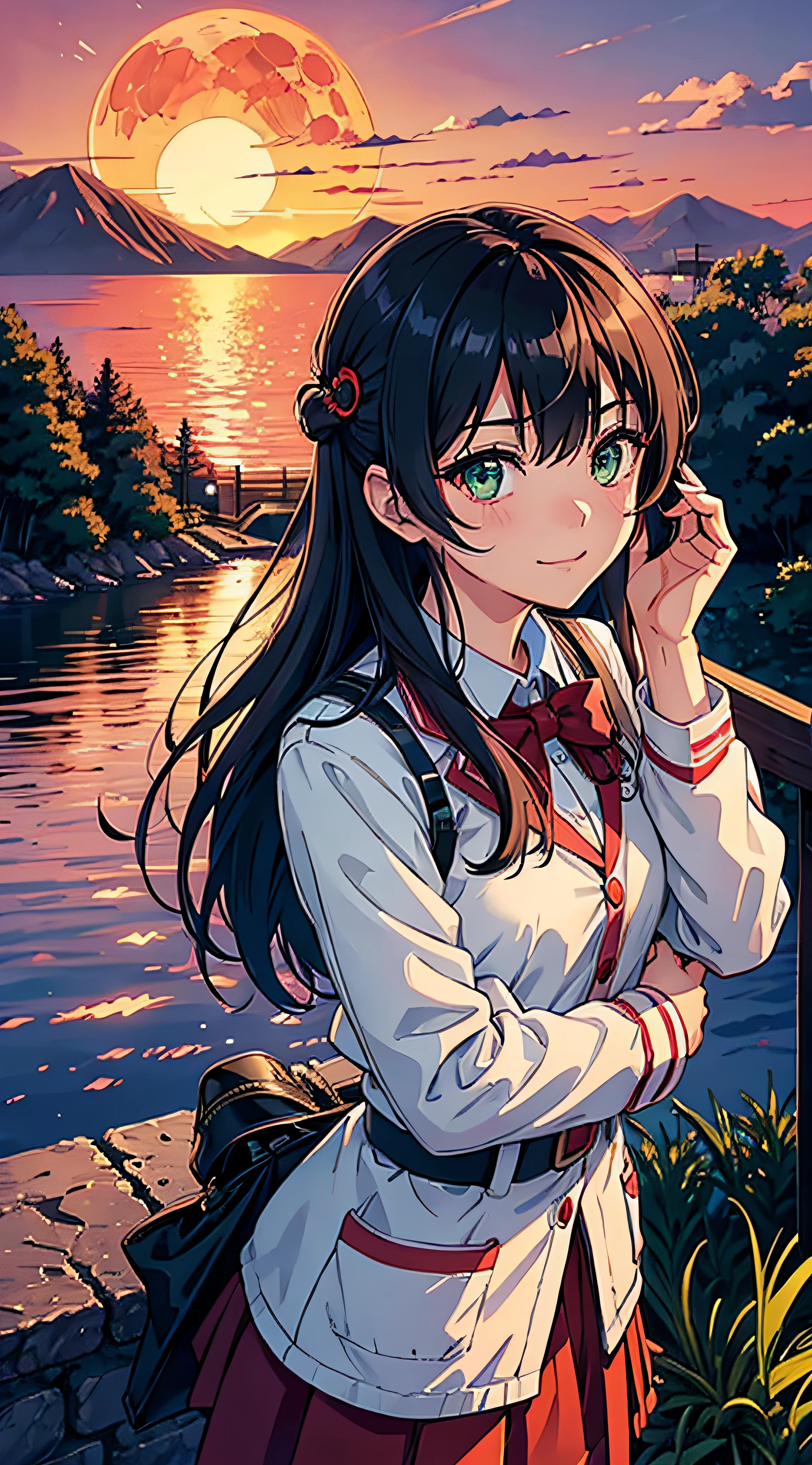 Anime girl standing by a river with a full moon in the background - SeaArt  AI