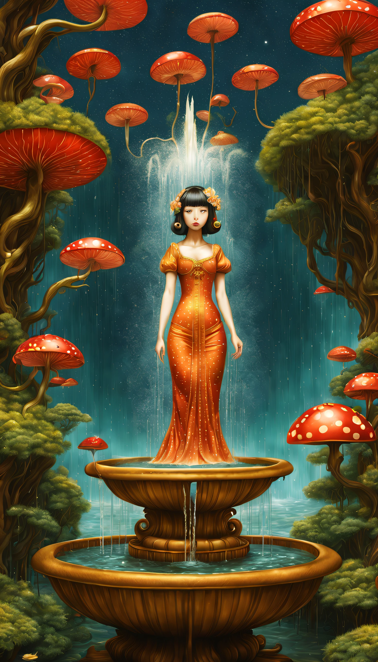 magique,mystérieux, fontaine éthérée et surréaliste，La fontaine , l&#39;ultra-détaillé, ，Dessinez de belles illustrations numériques，  James R style，par Amy Sole, auteur：Naoto Hattori，Yayoi Kusama, par Studio Ghibli，Pas de frontière