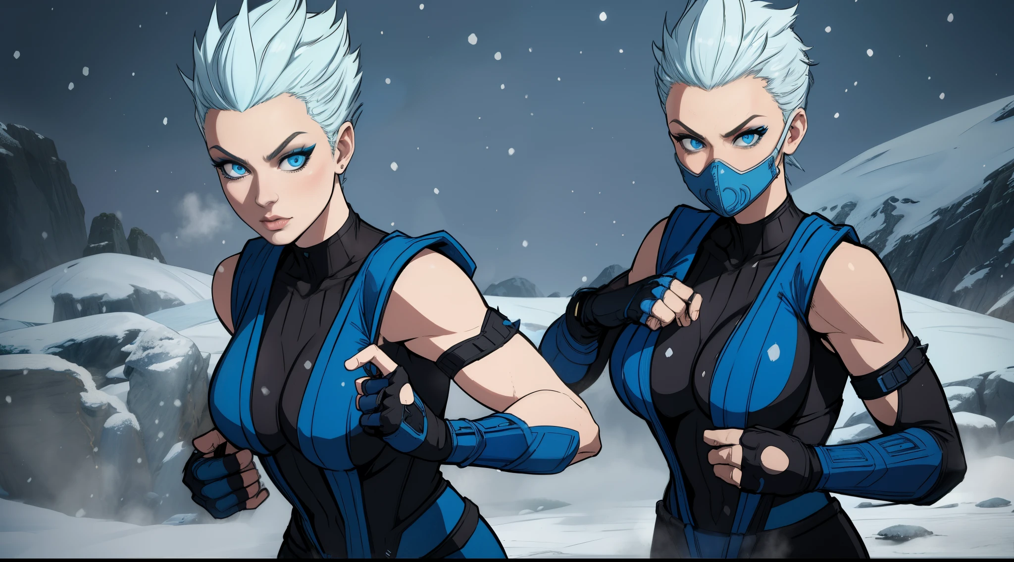 Frost, blue eyes,   mouth mask,  spiked hair, 
 fingerless elbow gloves, bodysuit,  pelvic curtain ,  blue attire, 
standing,  upper body, 
dojo, snow, solo,  
(insanely detailed, beautiful detailed face, masterpiece, best quality)