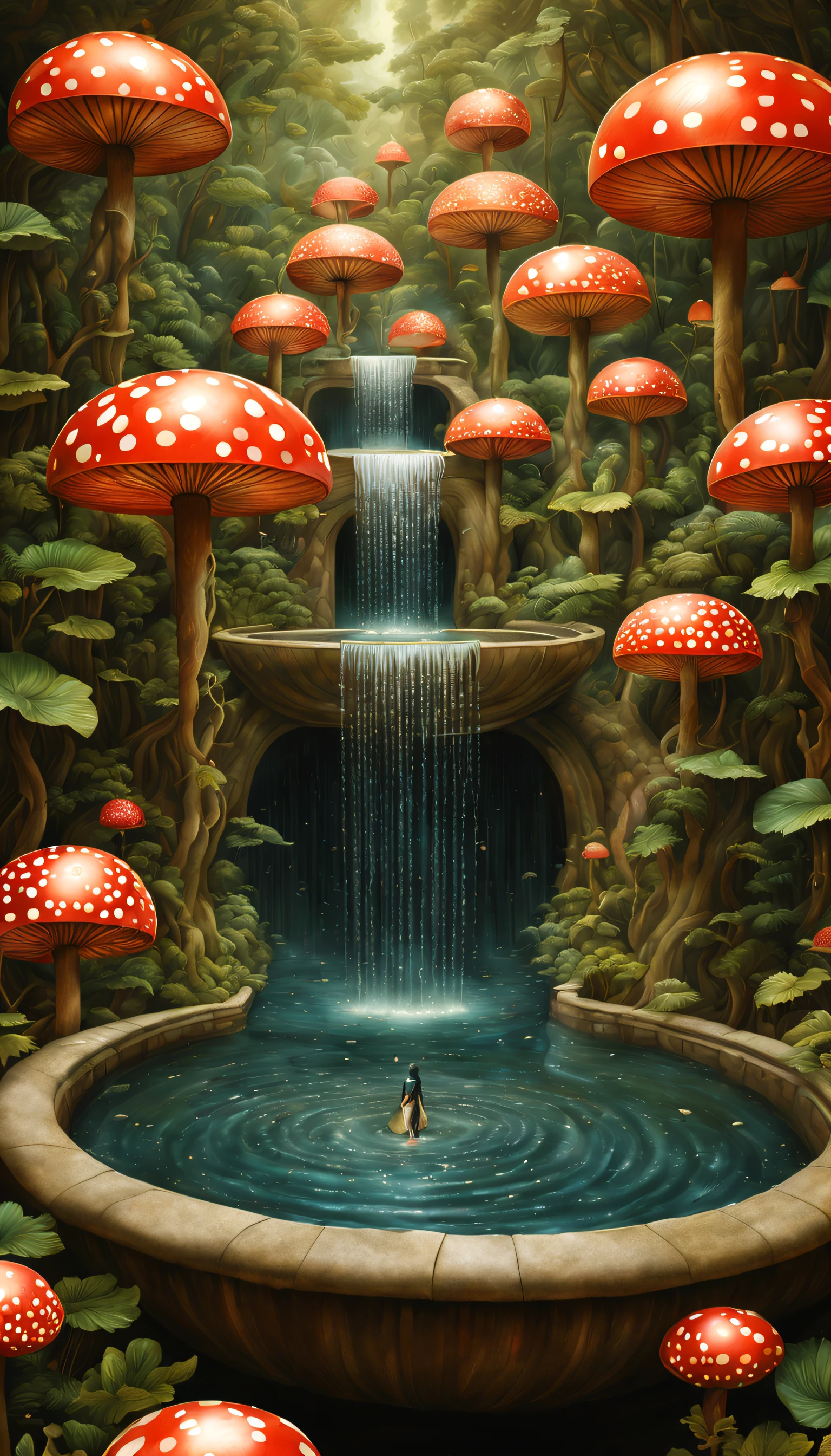 magique,MYSTIQUE, fontaine éthérée et surréaliste , （eau qui coule），l&#39;ultra-détaillé, ，Dessinez de belles illustrations numériques，James R style ，par Amy Saul, auteur：Naoto Hattori，Yayoi Kusama, par Studio Ghibli，Pas de frontière ，