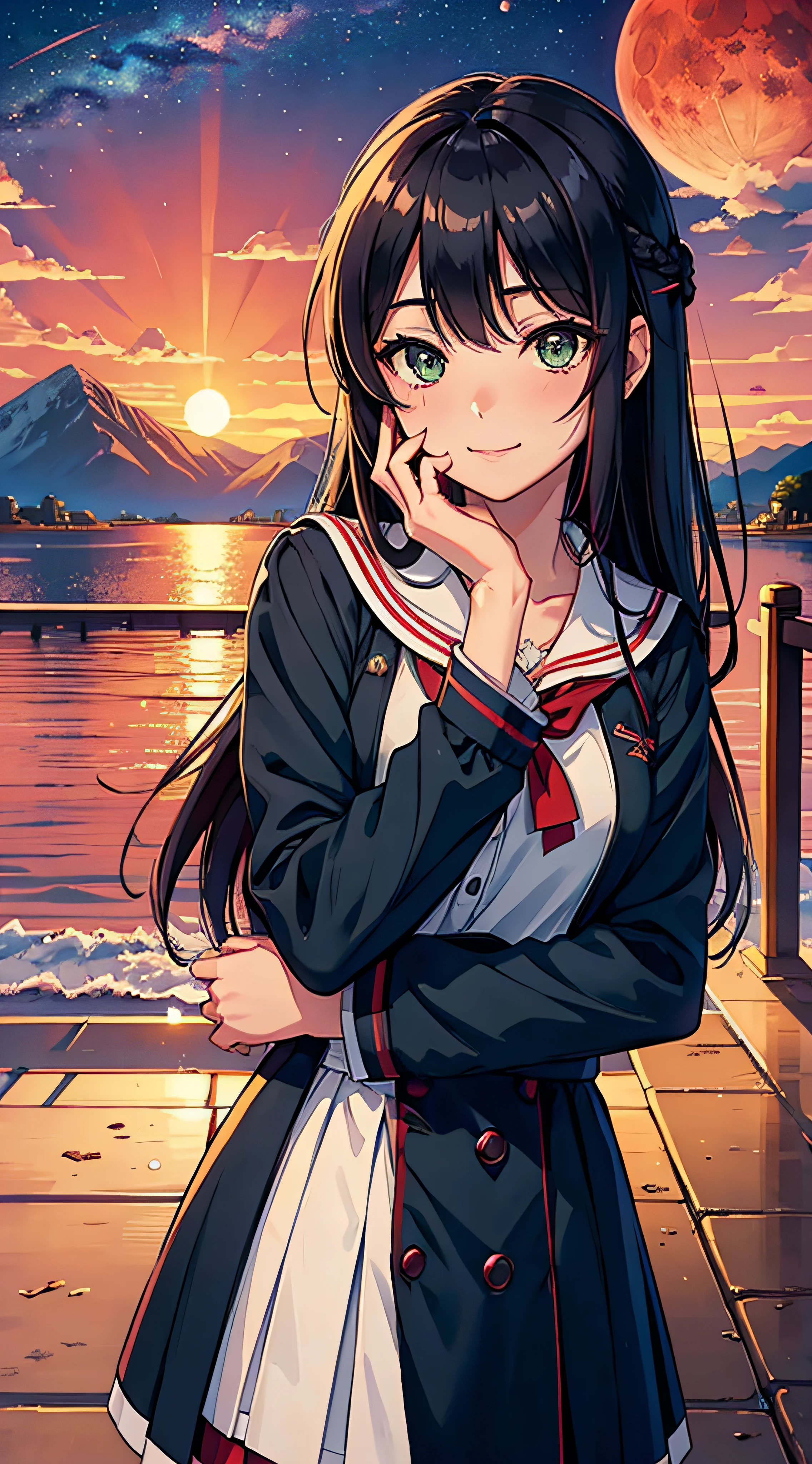 Anime girl standing on a pier with her hands on her chin - SeaArt AI