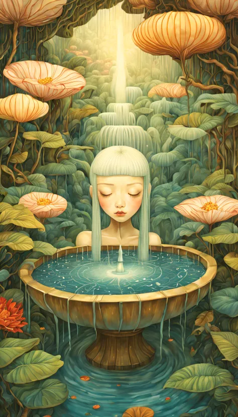 Magical mysterious ethereal scenery surreal fountain , the ultra-detailed, James R ，Draw beautiful digital illustrations， by Audrey Kawasaki, by Amy Saul, author：naoto hattori，yayoi kusama, by Ghibli Studio，NO borders