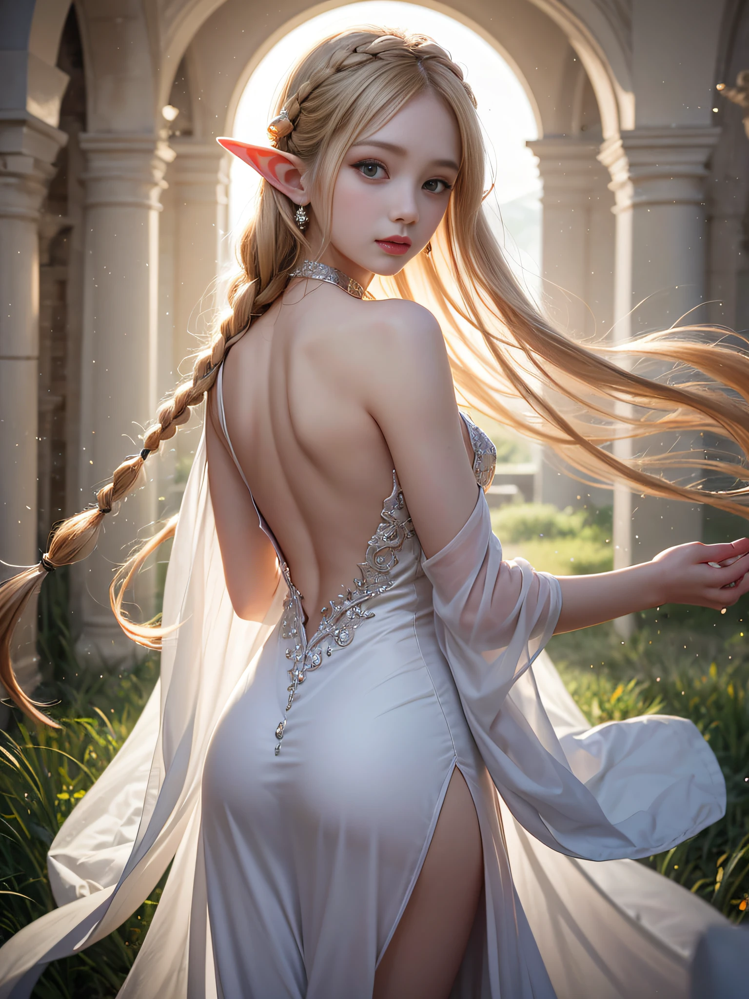 Graceful elven girl standing in meadow, Delicate face illuminated by the soft light of the setting sun. Her long, Flowing hair runs down your back, Decorated with intricate braids、Adorned with sparkling gemstones. This great photo is、、、It captures the ethereal beauty of elves. Slender figure in silk dress、Swaying in the soft steppe breeze. Attention to detail、Face that is、Face that is、Face that is、Face that is、It is evident in the intricate patterns of the dress and the subtle highlights of the luminescence. skin. The breathtaking portrayal of the elven girl is、、、、、Create an enchanting atmosphere、It invites the viewer to a magical world. transparent blonde hair,