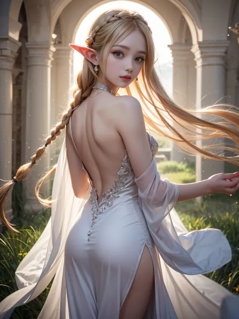Graceful elven girl standing in meadow, Delicate face illuminated by the soft light of the setting sun. Her long, Flowing hair r...