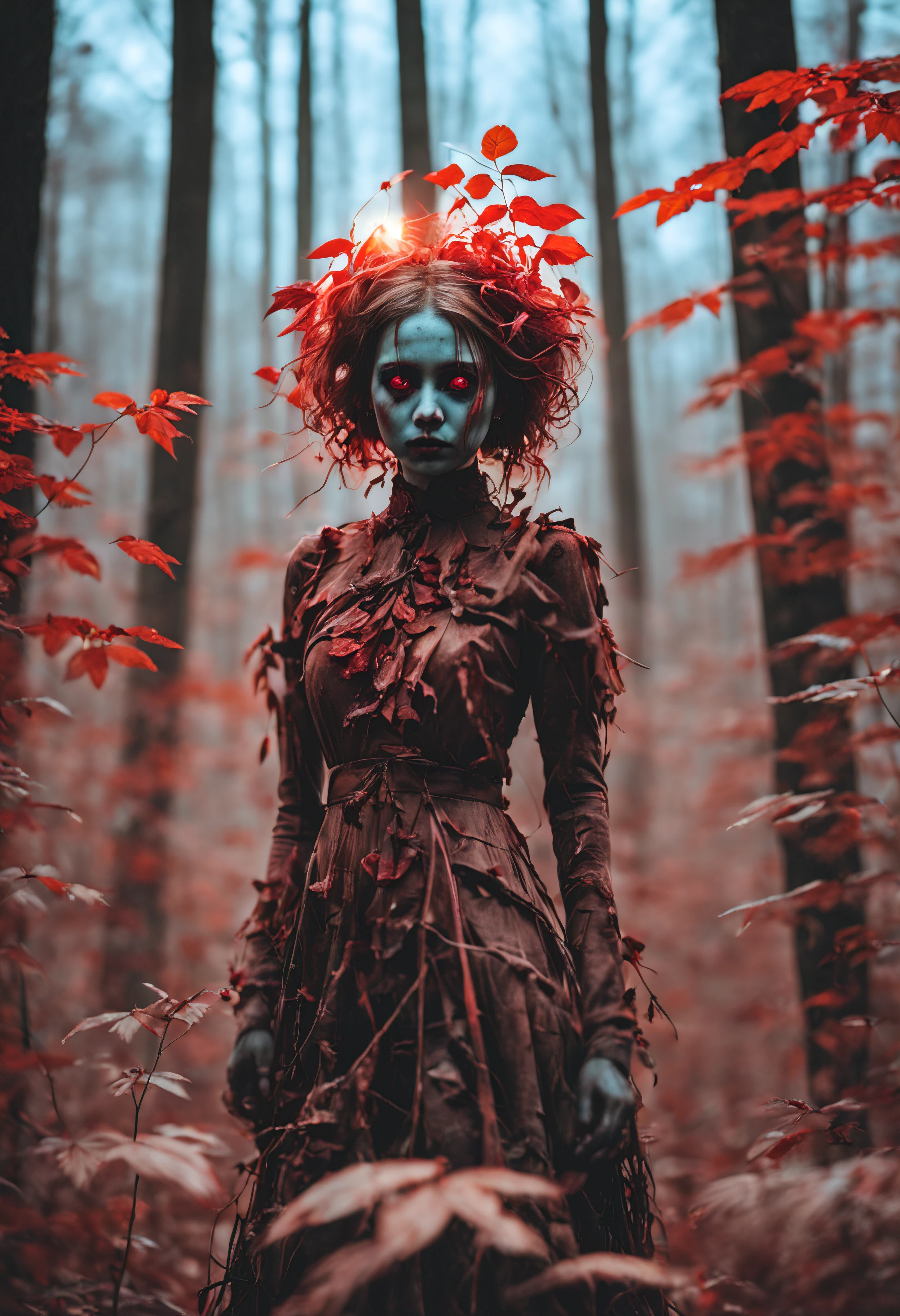 a creepy girl made of dead red plants, in a autumn forest at sundown, high saturation,