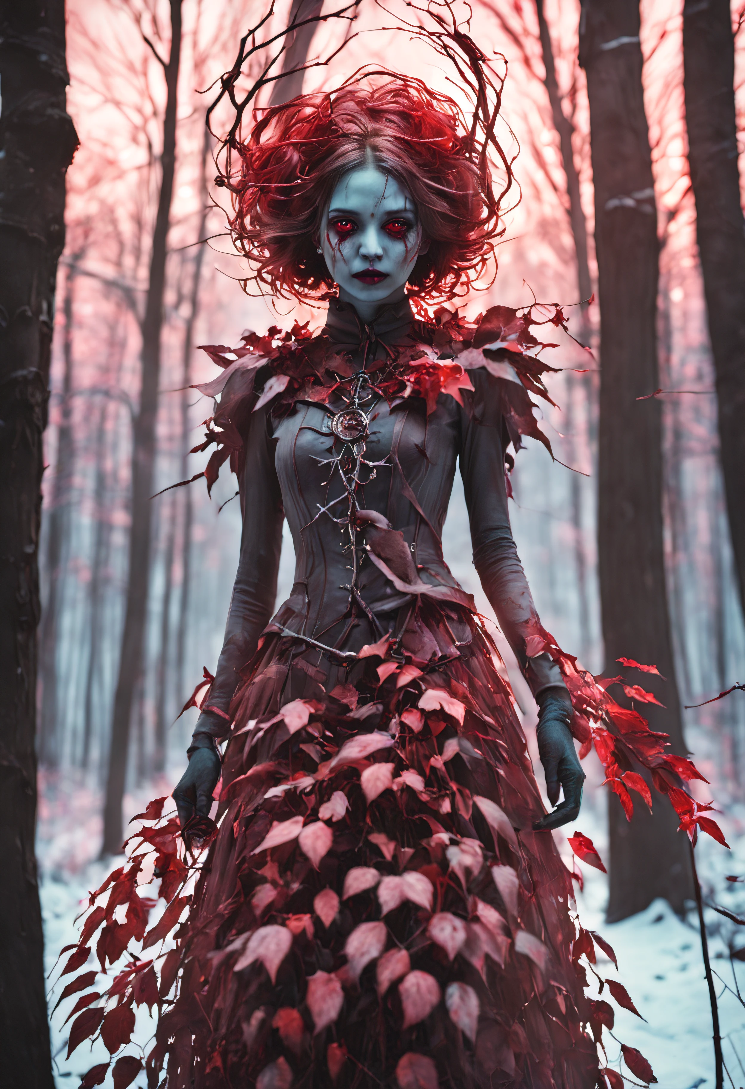 a creepy girl made of dead red plants, in a winter forest at sundown, high saturation,