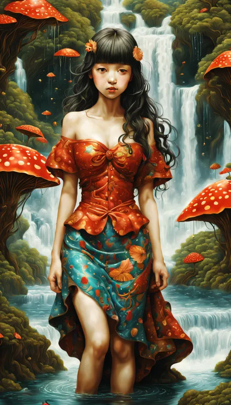 magical, Mysterious and surreal ，（Fountain flows from girl&#39;s waist）, （a lot of flowing water），waterfall man，the ultra-detail...