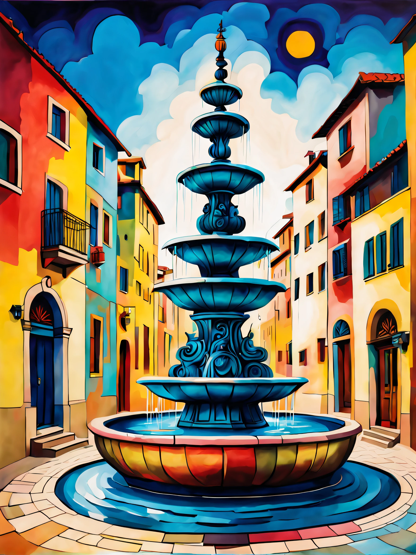 The fountain, Kandinsky style, in the Picasso style, iintricate, extremly high detail