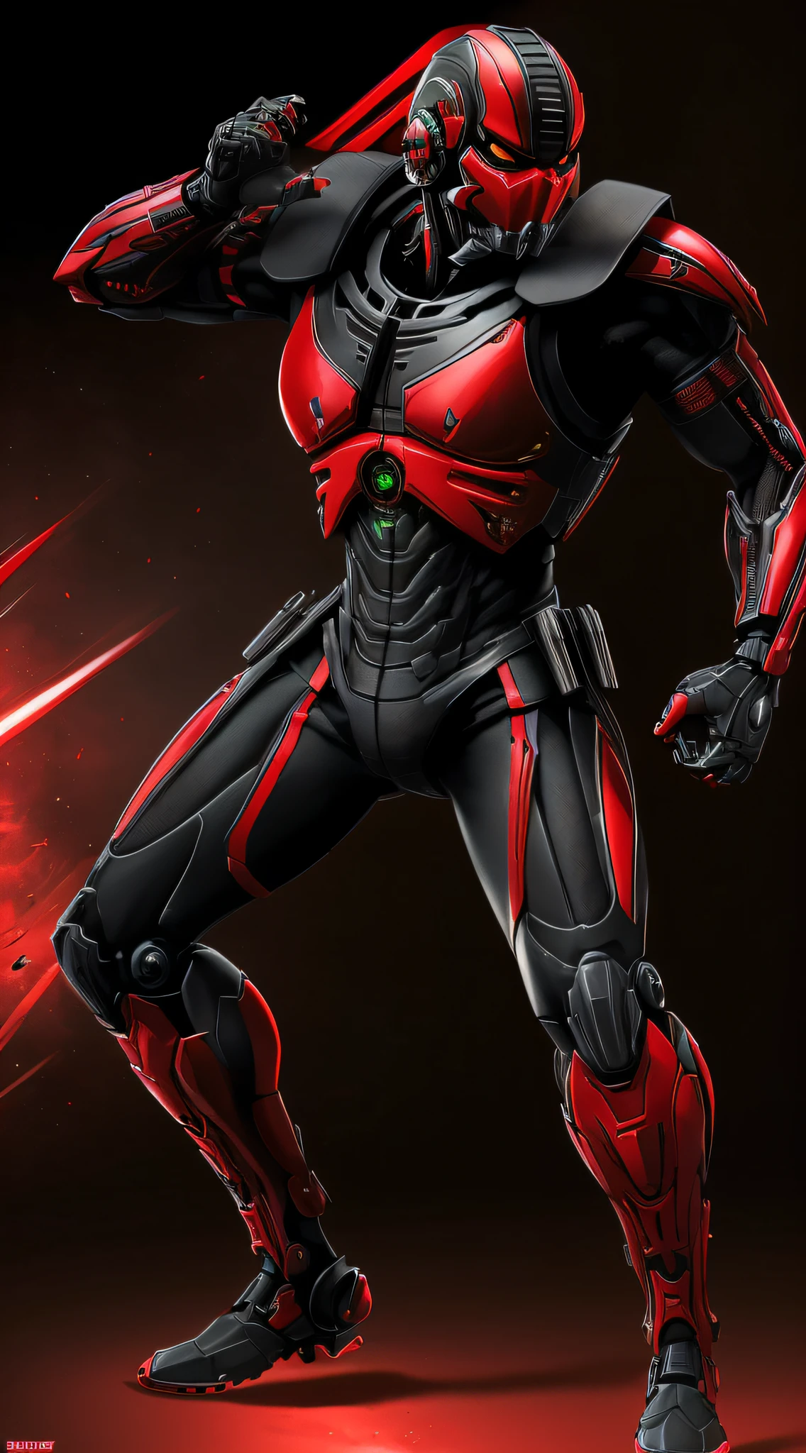 zxcrx, cyborg ninja wearing sleek, (red and black armour:1.5) that incorporates various mechanical components, his face is covered by a helmet with a (glowing red visor:1.3), equipped with powerful flamethrowers, missile launchers, retractable blades, intricate, high detail, sharp focus, dramatic, photorealistic painting art by greg rutkowski