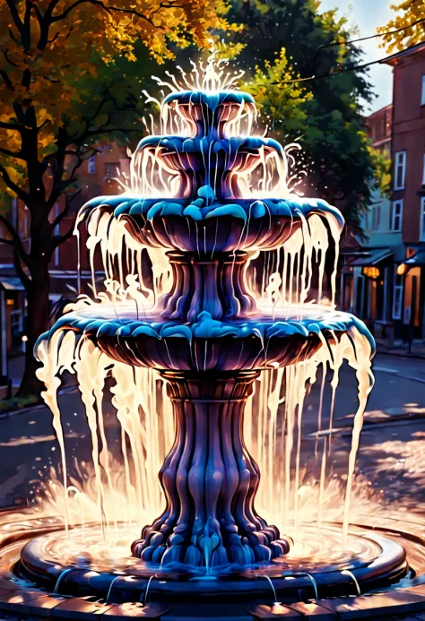 Beautiful psychedelic, swirling (water fountain in the small town:1.5),optical illusion,surreal,marble,reflection,vibrant colors...