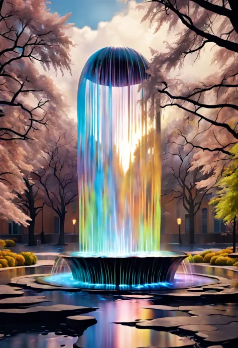 Beautiful psychedelic, swirling (water fountain in the small town:1.5),optical illusion,surreal,marble,reflection,vibrant colors...