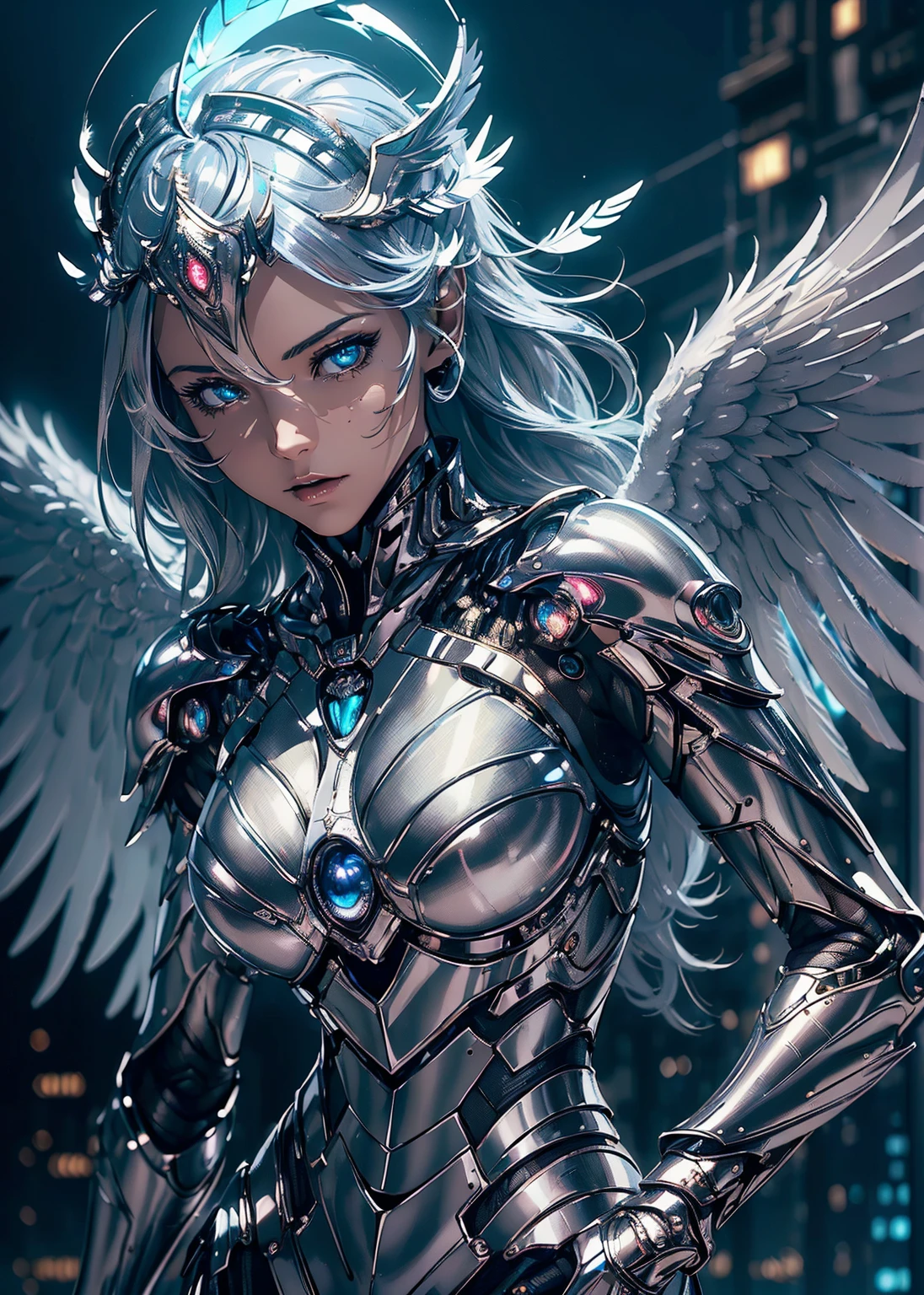 (best quality,ultra-detailed,realistic:1.37),sexy,Angel android,metallic wings,mechanical feathers,shiny metallic body,human-like face,halo floating above head,ethereal glow,cityscape background,nighttime setting,neon lights,blue and silver color scheme,sharp focus,sci-fi genre,concept artist style,studio lighting