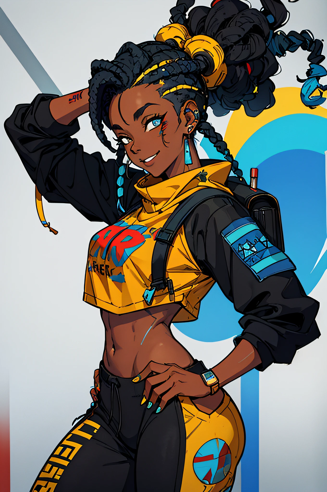 a black girl graffiti artist, headphones on ear, DJ, Music, Black and blue hair dreads, apex legends, cyberpunk character design, ,music (urban, red, yellow, blue clothing), snap back hat,  vigilante, backpack, hip-hop, crop top, headphones on ear, spray paint cans accessories, music, sexy, tight clothing smiling, fit, blue piercings,  (red, yellow, blue clothing) ( Masterpiece) ( Best Quality)