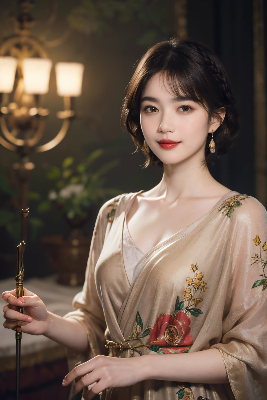 117
(a 20 yo woman,is standing), (A hyper-realistic), (high-level image quality), ((beautiful hairstyle 46)), ((short-hair)), (Gentle smile), (brest:1.1), (lipsticks), (florals), (light and dark), (rembrandt painting), (Luxurious room)