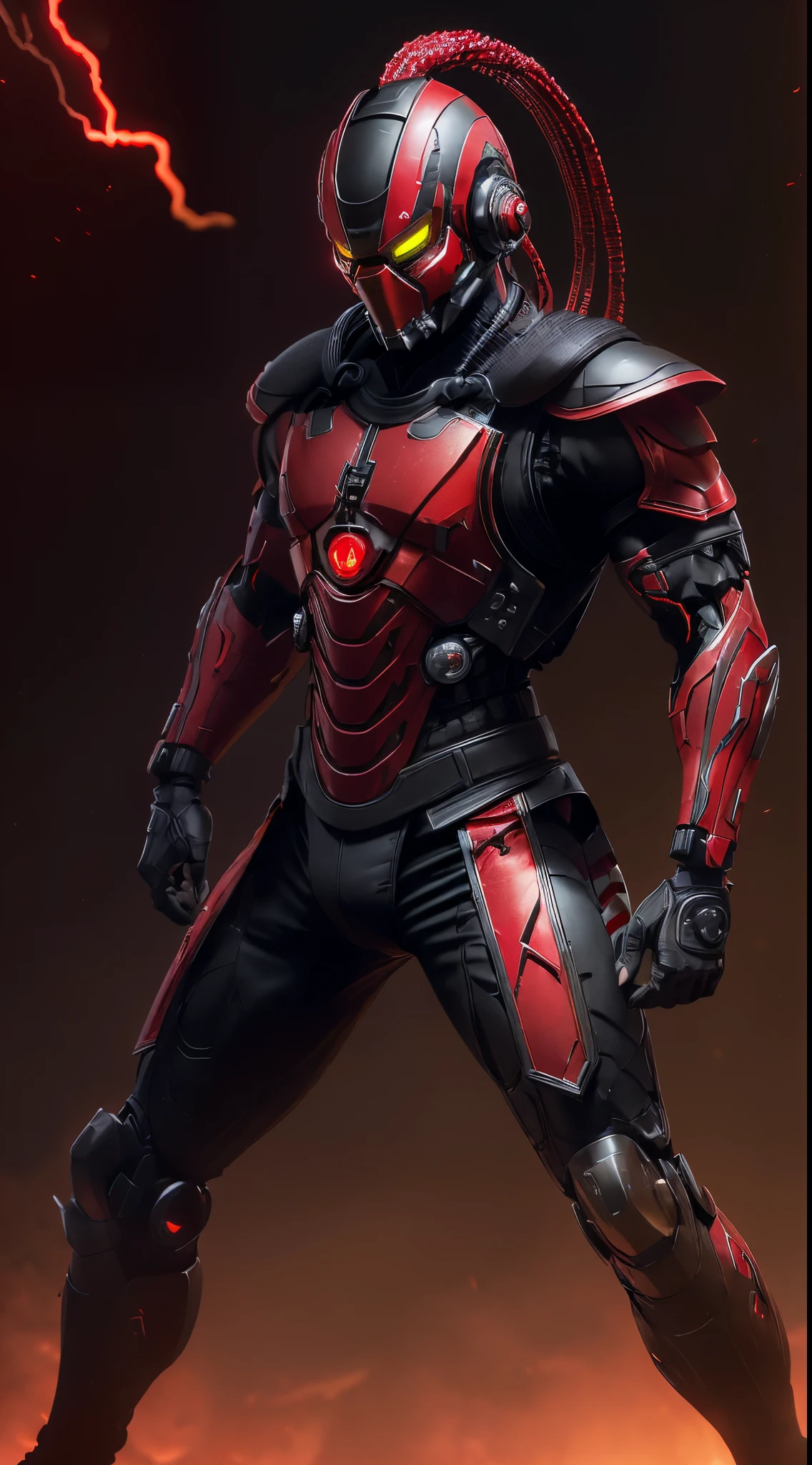 zxcrx, cyborg ninja wearing sleek, (red and black armour:1.5) that incorporates various mechanical components, his face is covered by a helmet with a (glowing red visor:1.3), equipped with powerful flamethrowers, missile launchers, retractable blades, intricate, high detail, sharp focus, dramatic, photorealistic painting art by greg rutkowski