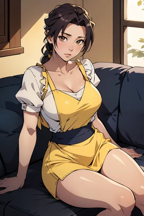 Misako, navy skirt, white blouse, yellow kitchen apron couch,