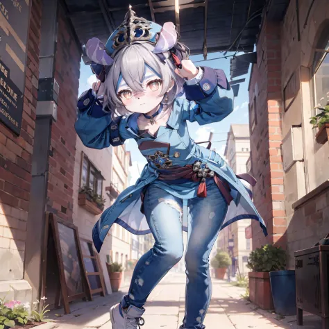 Melousine|genshin impact, masterpiece, bestquality,3 girl,young girl, Long Jeans,  Wear glasses, purple hair color, long hair in...