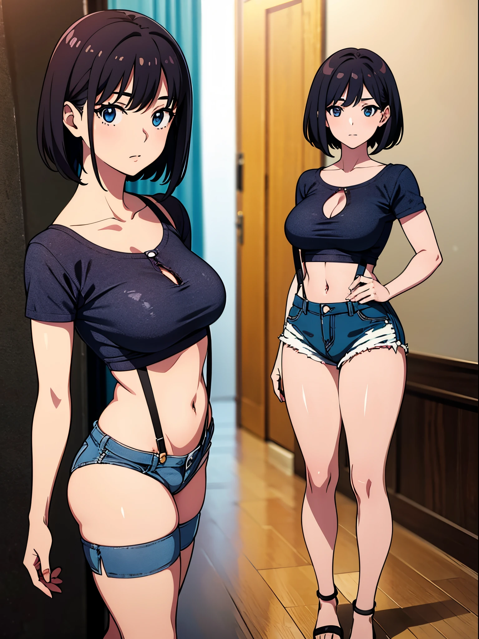 A girl wearing denim shorts and tattered short sleeves，Wearing suspender stockings on the legs，Exposing the abdomen，The figure is good，The head is not exposed，[ 4K realism ]!!, [ 4K realism ]!!!, [ 4K digital art ]!!, Realistic shadow perfect body, realisticlying!!!!!!! art-style, photorealistic anime, by Shitao, Popular topics on cgstation, Casual pose, realistic anime 3D style