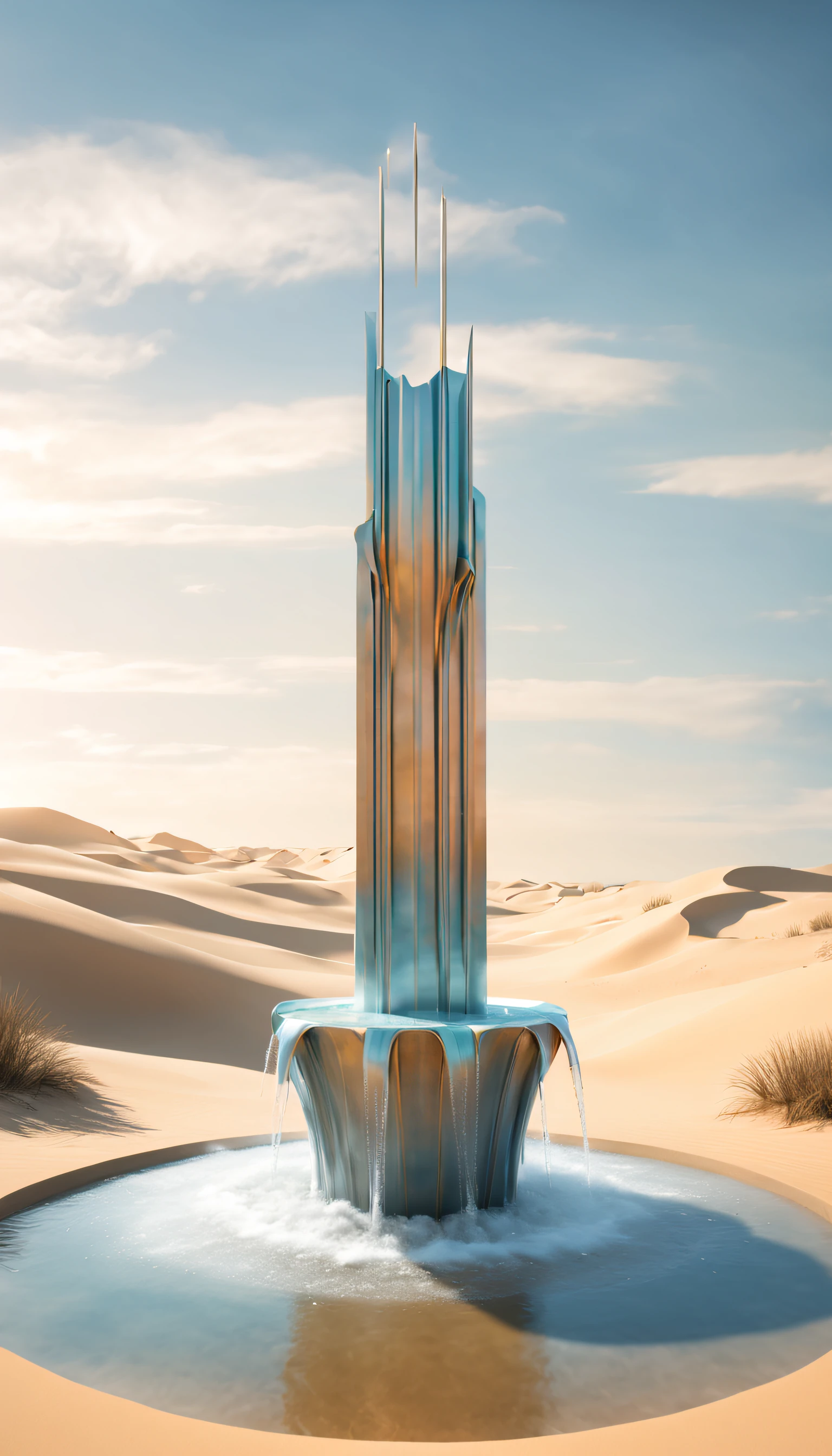renderização 3D surreal，Grande fonte cibernética retratada nas dunas, Conecte à torneira suspensa, etéreo，