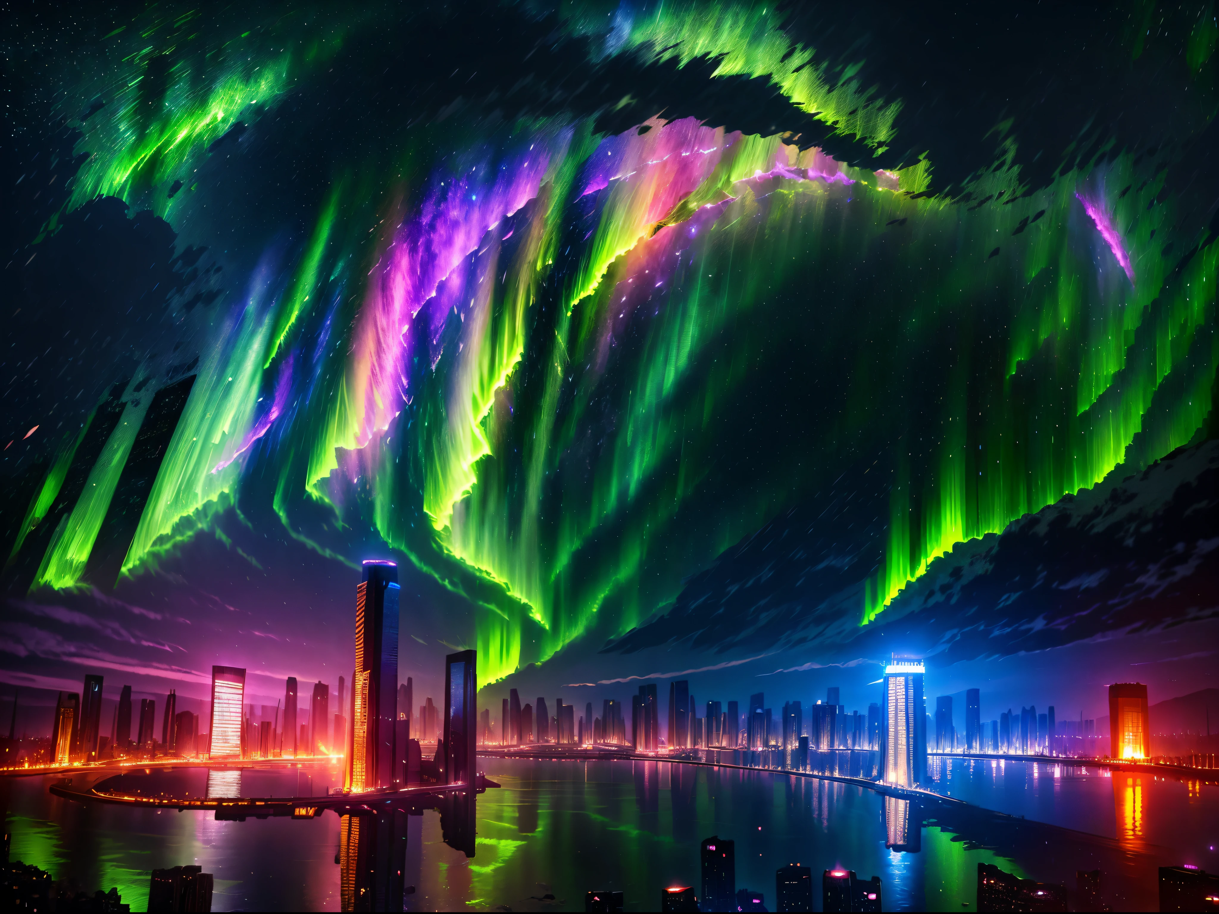 (deep in the night, deep in the night, deep in the night) I see a beautiful, detailed 8k artwork with a sugary pink crystal city, sparkling gold, and a fairytale landscape against a magical night sky.8k,((huge full city)),(space city),(nothern lights,detailed),((high quality))