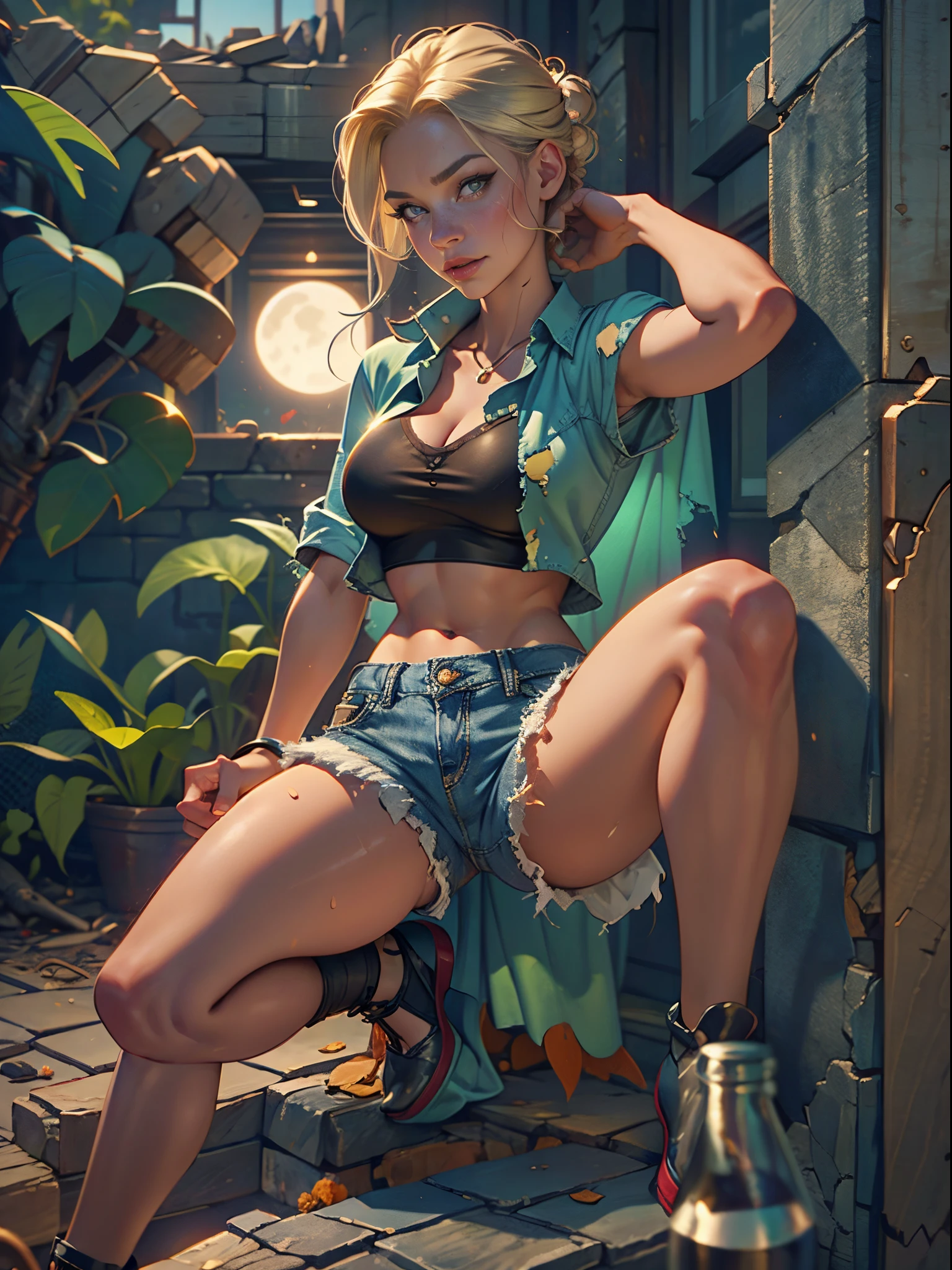 2076 year. The Urban Ruins of the Wasteland, Female huntress picking fruit in the garden, beautiful face, blonde, very torn shirt and denim shorts, shirt in tatters ,  long legs, sweating through, sun rising, Nice warm colors, head to toe full body shot