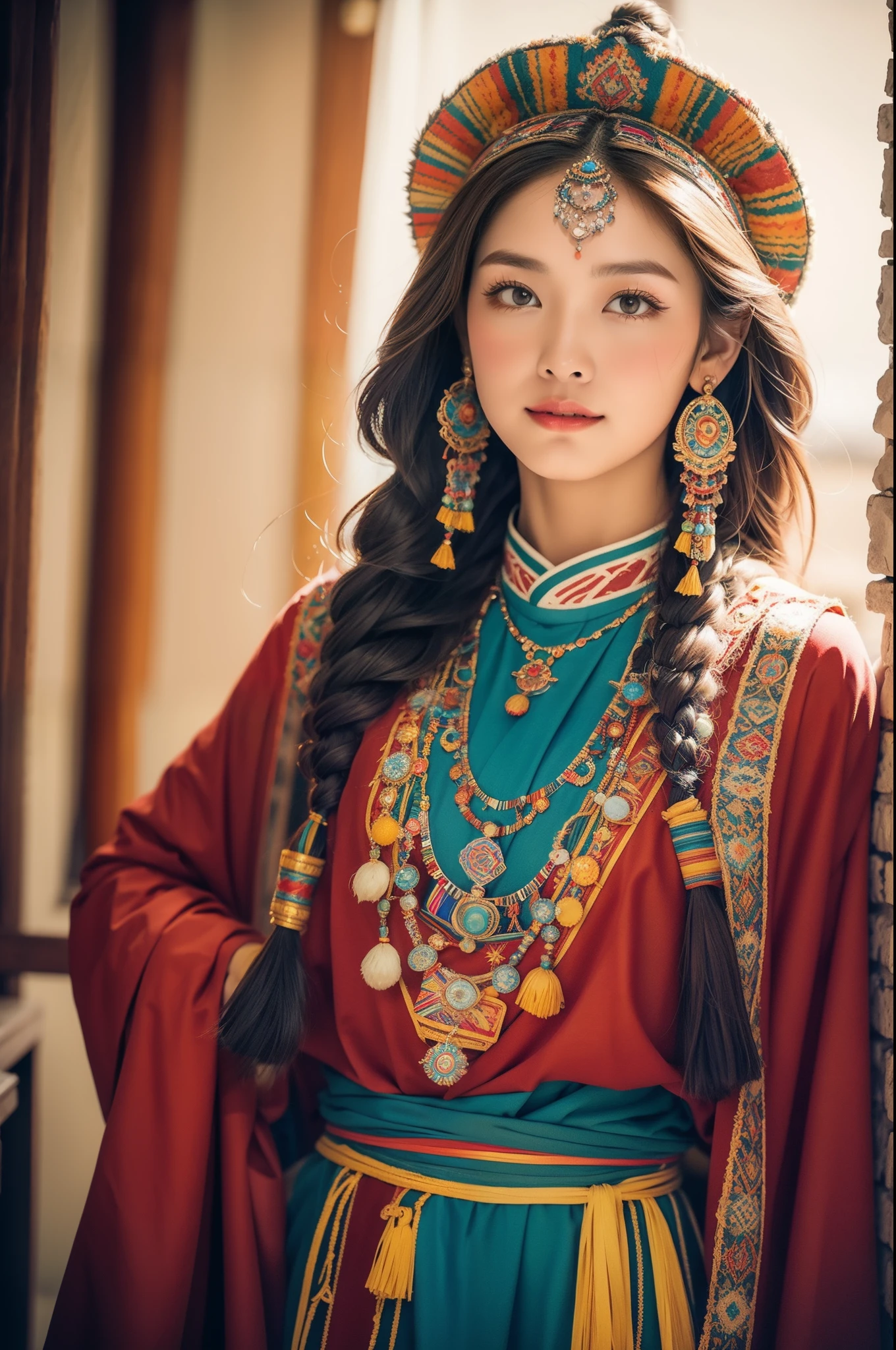 (Best quality,8K,A high resolution,Masterpiece:1.2),(Dark brown skin, Textured skin, Highland flushed face, Sunburn, tanned, sunspot), Beautiful Tibetan girl in Potala Palace, prayer flags，Potala Palace, Tibetan culture, Bright eyes, Traditional Tibetan art costumes, Tibetan robes, Tibetan headdress, Tibetan jewelry, Turquoise, amber, Observe the audience, Ultra-fine details, upscaled. Soft lighting, ultra - detailed, High quality, Vivid colors, Bokeh, hdr, hyper HD, Professional photography style.