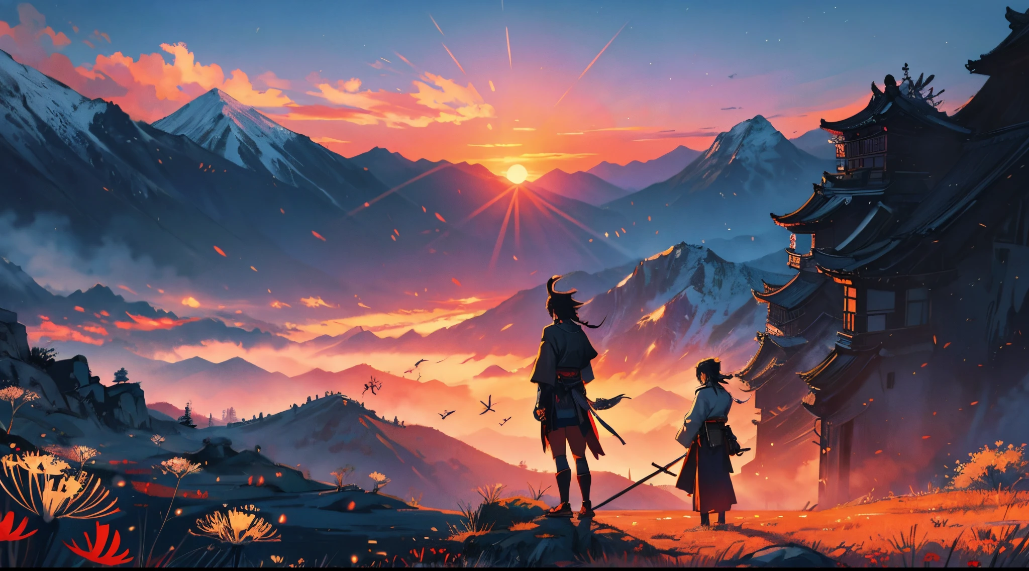 Samurai duel on a plain with spider lilies, mountains in background, sunrise, 8k, high detail, maximalist, chill, relaxed , anime style, beautiful anime, feels like japanese anime movie